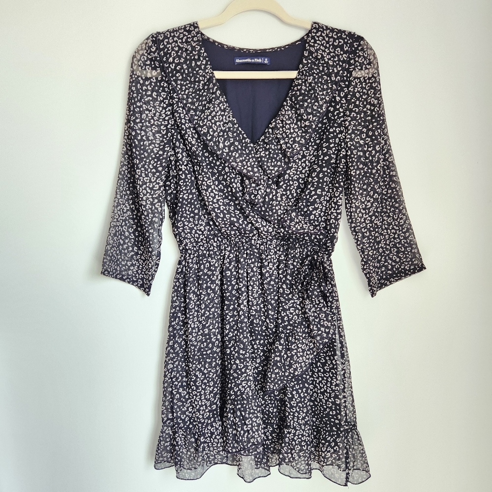 Abercrombie & Fitch Black Faux Wrap Cheetah Print V-Neck 3/4 Sleeve Dress Size S